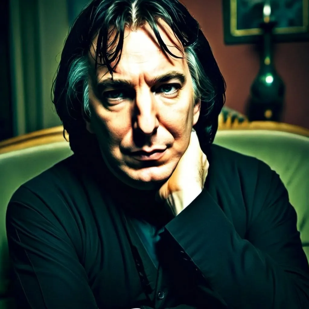 Prompt: Severus Snape by alan rickman sitting on a couch in his living room, dimli lit