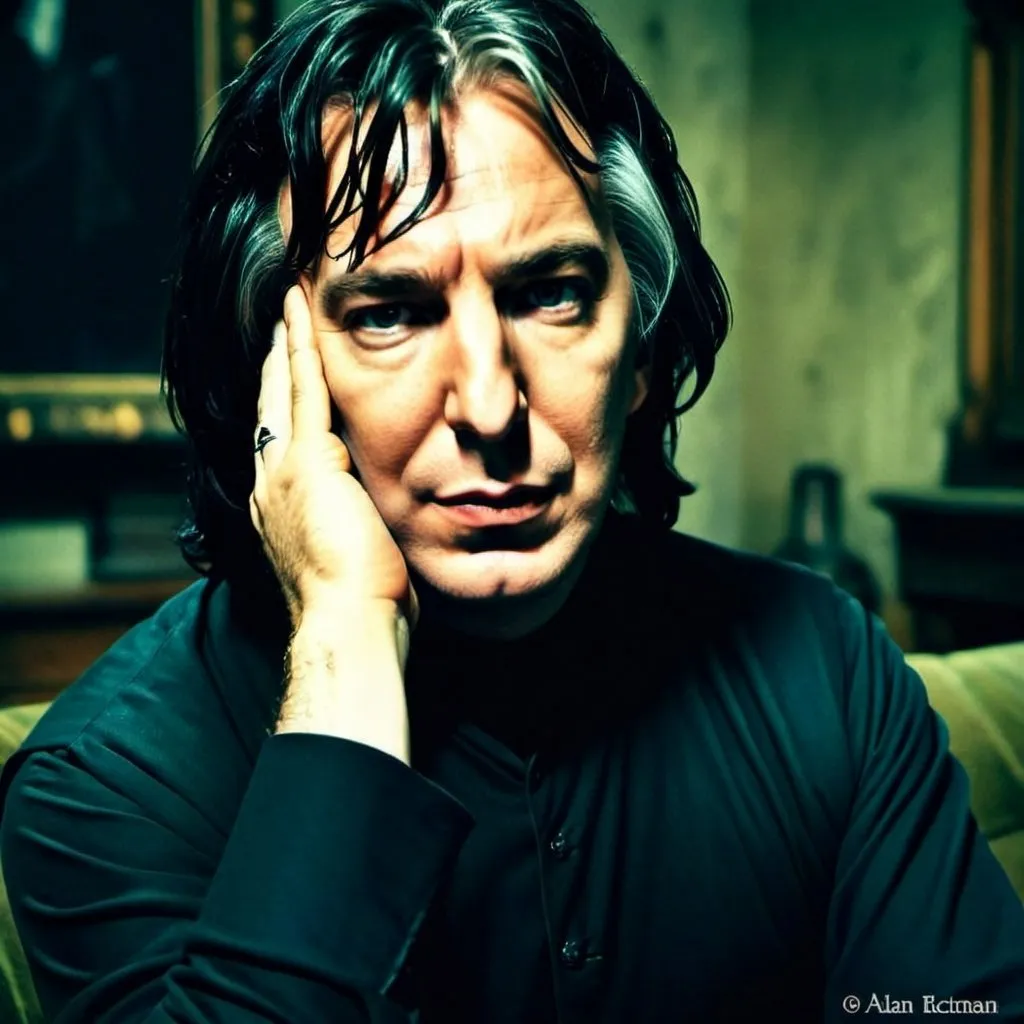 Prompt: Severus Snape by alan rickman sitting on a couch in his living room, dimli lit