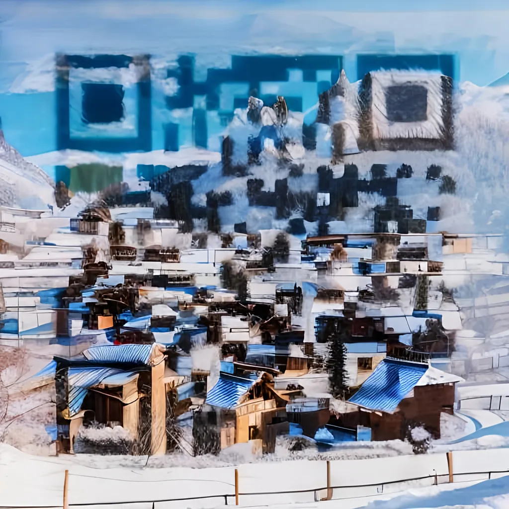 Prompt: a snowy village with mountains on the back