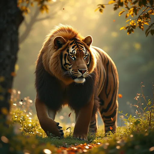 Prompt: Make a hybrid predator of a shortfaced bear,tiger,lion,