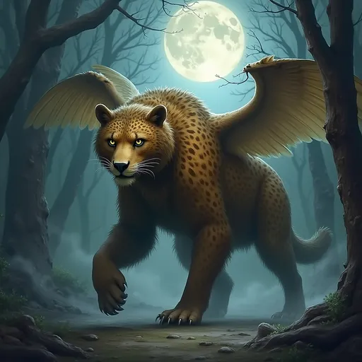 Prompt: Make a hybrid predator of a shortfaced bear,lion,crocodile,owl,leopard