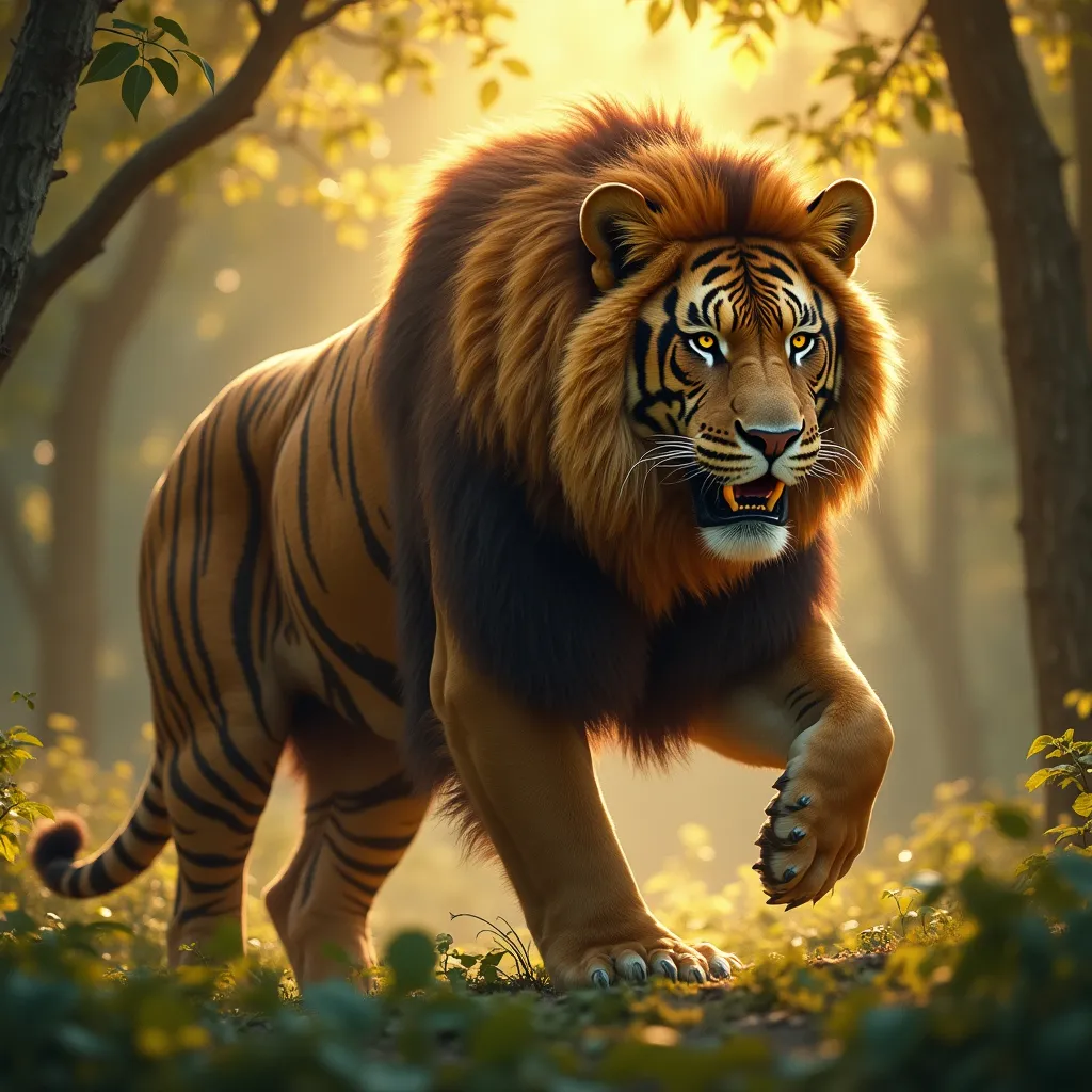 Prompt: Make a hybrid predator of a shortfaced bear,tiger,lion,