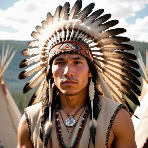 Prompt: Young Native American man, full eagle feather headdress, seven tipis, Black Hills background, high quality, realistic, traditional, warm tones, natural lighting, detailed facial features, intricate beadwork, majestic, expansive landscape, rich cultural depiction