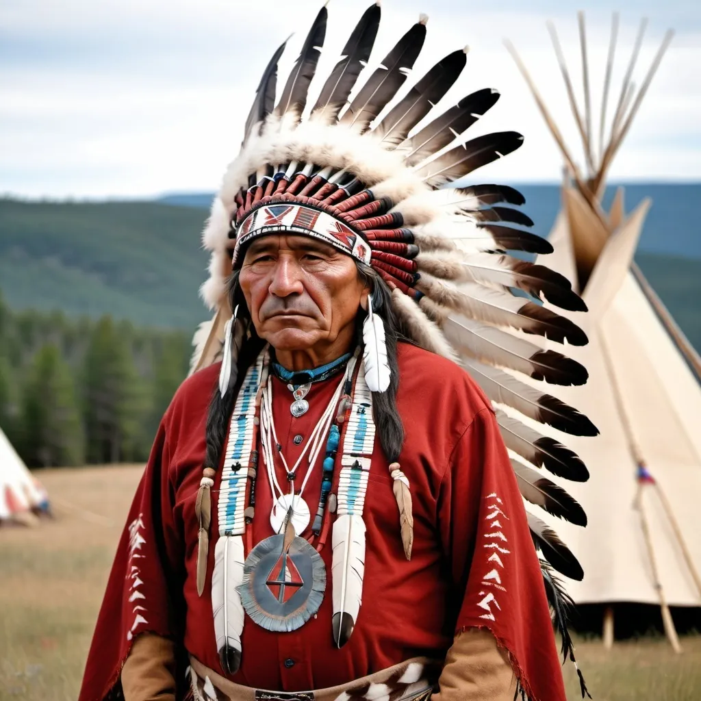 Prompt: A commanding Native American Chief, wearing a Spotted Eagle Feather War Bonnet, stands in front of seven tipis with the Black Hills as a backdrop. His attire includes a chief's Maddalone, a kit fox sash, and beaded moccasins. His red shawl and abalone shell earrings enhance his ensemble, representing the dignity and sovereignty of the First Nation's People.     