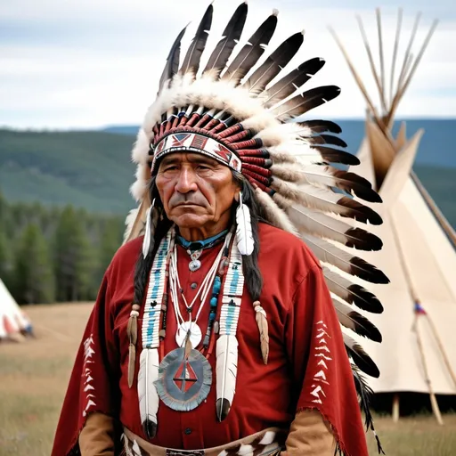 Prompt: A commanding Native American Chief, wearing a Spotted Eagle Feather War Bonnet, stands in front of seven tipis with the Black Hills as a backdrop. His attire includes a chief's Maddalone, a kit fox sash, and beaded moccasins. His red shawl and abalone shell earrings enhance his ensemble, representing the dignity and sovereignty of the First Nation's People.     