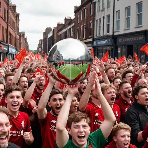 Prompt: “Coming 2024, Summer” movie poster. Liverpool FC supporters ecstatically celebrating an ominous silver orb at a victory parade