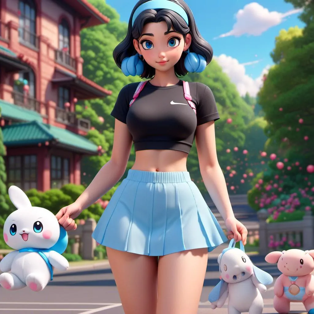 Prompt: <mymodel> a cute nice girl wearing a cinnamoroll crop top from sanrio and a baby blue short skirt she has a blue headband and black hair and is wearing  black nike kicks