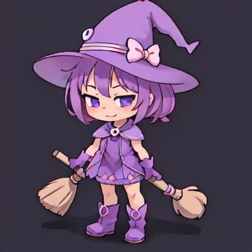 Prompt: cute girl in a purple witch hat with a short purple dress and long purple boots with finger gloves (as in the fingers are not covered by the gloves) she is holding a broom stick