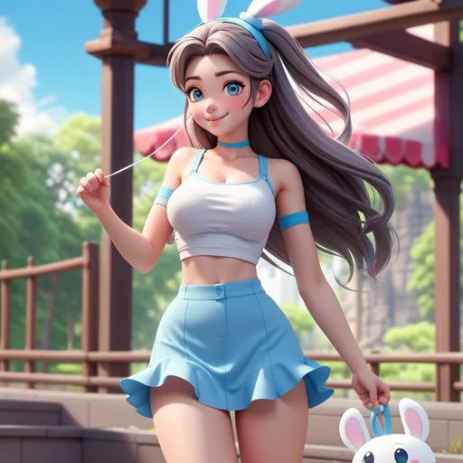 Prompt: <mymodel>Cute anime illustration of a cheerful girl, wearing a Cinnamoroll crop top, baby blue short skirt, black Nike kicks, blue headband, professional 2D rendering, detailed eyes, colorful, vibrant, youthful, highres, anime, cute tones, adorable, professional, atmospheric lighting