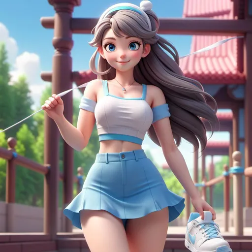 Prompt: <mymodel>Cute anime illustration of a cheerful girl, wearing a Cinnamoroll crop top, baby blue short skirt, black Nike kicks, blue headband, professional 2D rendering, detailed eyes, colorful, vibrant, youthful, highres, anime, cute tones, adorable, professional, atmospheric lighting