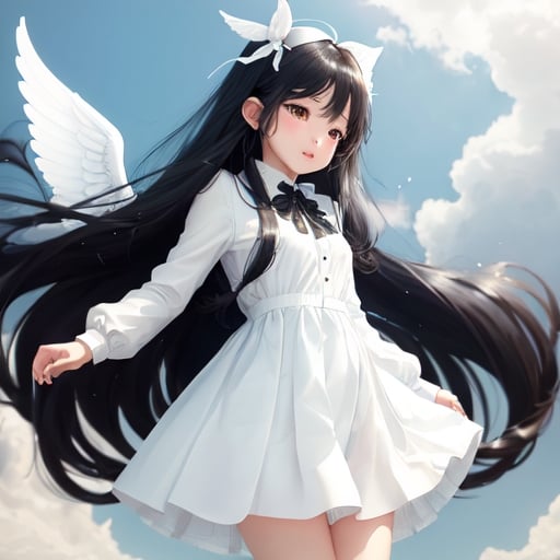 Prompt: a cute girl is in a joyful place that looks like heaven is wearing a white pleated dress and white shiny wings she has long black hair and the tips of her hair is white and her long boots are white to