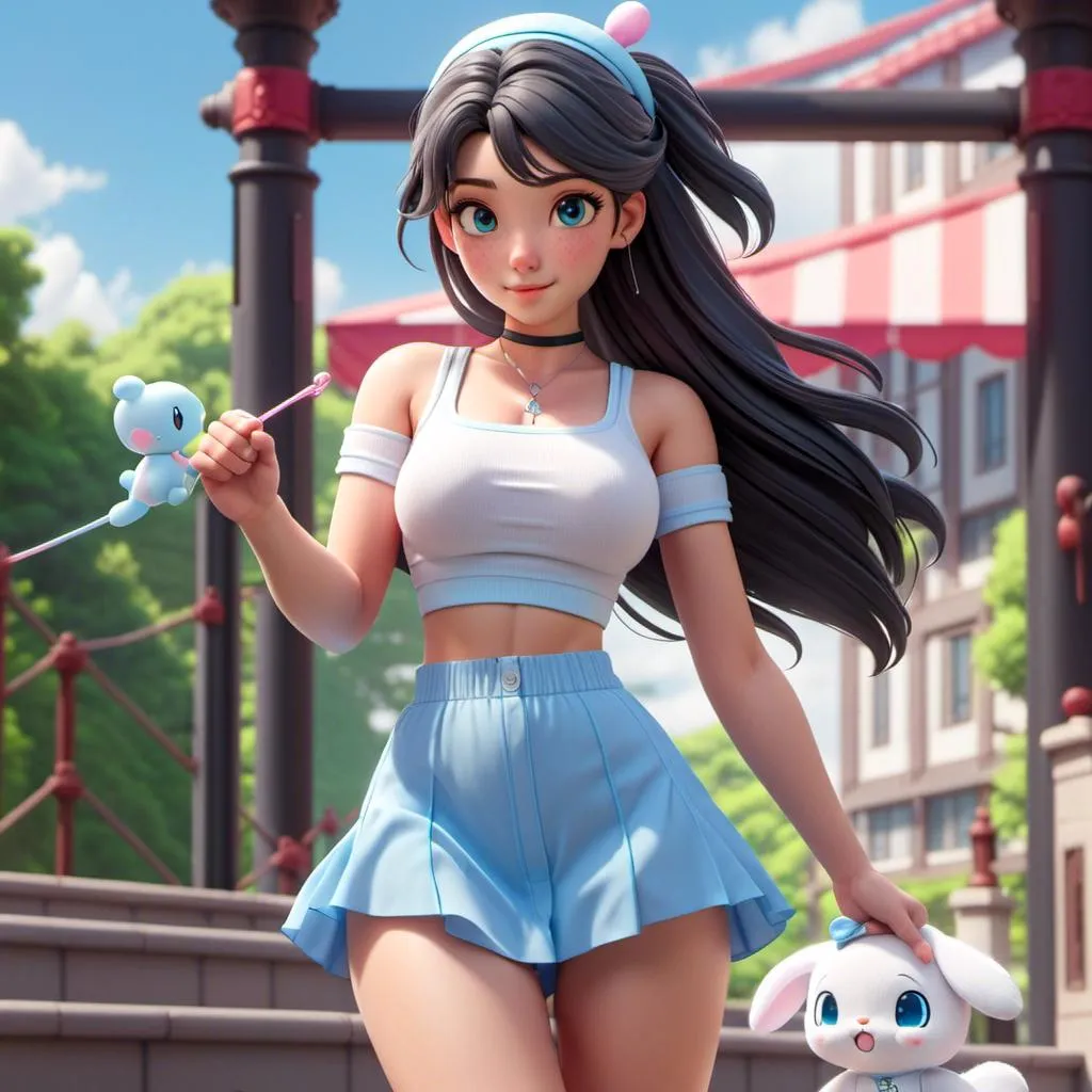 Prompt: <mymodel> a cute nice girl wearing a cinnamoroll crop top from sanrio and a baby blue short skirt she has a blue headband and black hair and is wearing  black nike kicks