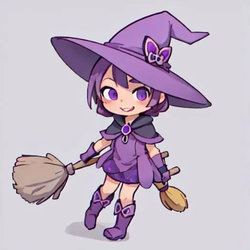 Prompt: cute girl in a purple witch hat with a short purple dress and long purple boots with finger gloves (as in the fingers are not covered by the gloves) she is holding a broom stick