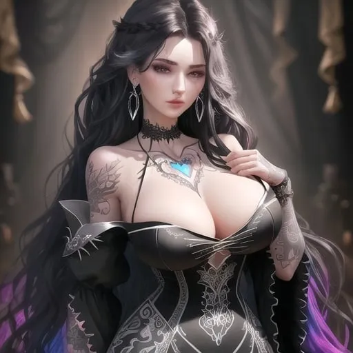 Prompt: <mymodel> Woman in  dress outfit, big chest, long wavy hair in a black, heart pattern tattoo sleeve, dangly silver earrings, high-res, detailed, digital art, vibrant colors, fantasy, romantic lighting,