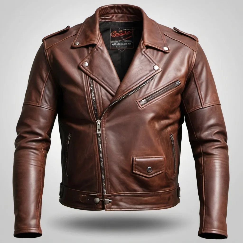 Prompt: create a biker leather jacket, two front pockets, genuine real type leather jacket design, colour should be brown, body fitness for americans, for men and women.