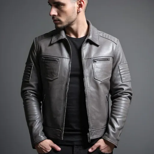 Prompt: create a streetwear leather jacket, two side pockets, genuine real leather jacket design, color should be gray, body fitness for americans, for men and women, also generate logo with short name 'GL'