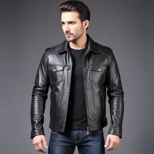Prompt: create a casual leather jacket, two side pockets, genuine real leather jacket design, color should be black, body fitness for americans, for men and women.