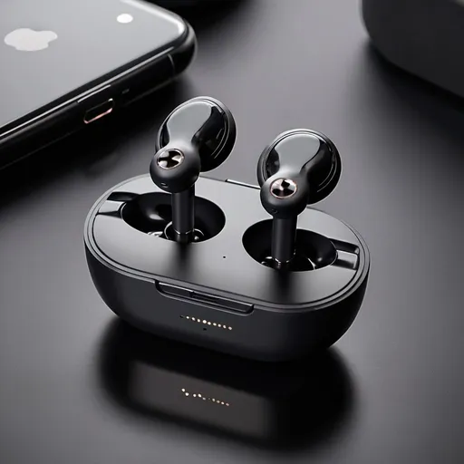 Prompt: Generate earbuds, wireless charging, black color, metallic shine, fit to ear, battery percentage on earbuds case, active inactive status on case of left right earbuds