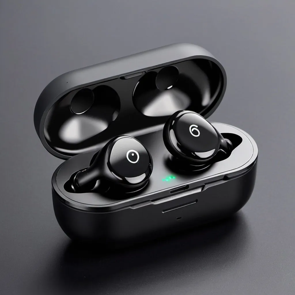 Prompt: Generate earbuds, wireless charging, black color, metallic shine, fit to ear, battery percentage on earbuds case, active inactive status on case of left right earbuds