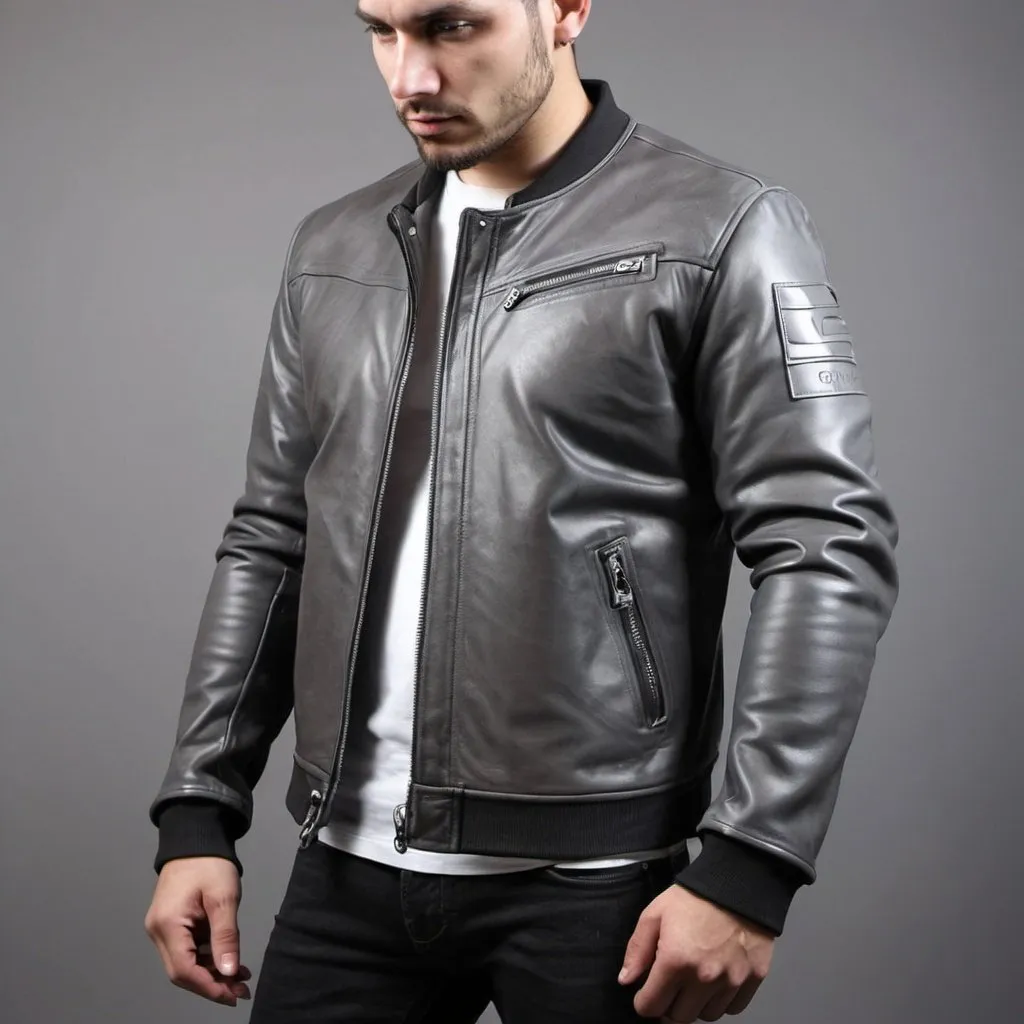 Prompt: create a streetwear leather jacket, two side pockets, genuine real leather jacket design, color should be gray, body fitness for americans, for men and women, also generate logo with short name 'GL'