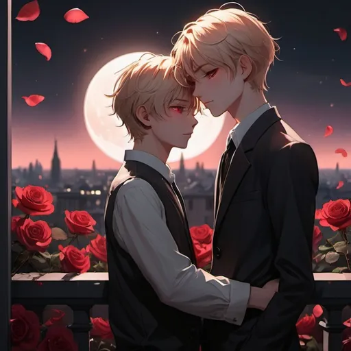 Prompt: I want a realistic 3D illustration, like an anime or manhwa, where two boys are hugging on a balcony while the light of the crimson moon illuminates the room, giving it a touch of despair, love, frustration, on the rooted black rose walls, while rose petals float, the first boy is pale, red eyes, smooth skin, thin face, thin, 1.75 tall and 23 years old, while behind him the other character is hugging him, a tall boy of 1.90, blonde short hair, green eyes, 1.90 tall, 24 years old, dressed in an elegant way, I would like the illustration to be bright and beautiful, that can convey the desire of love and despair. 