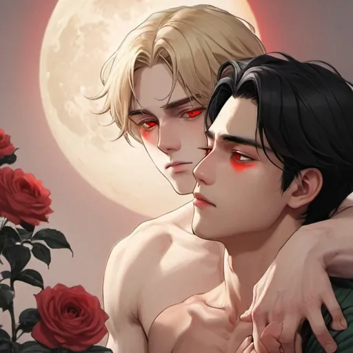 Prompt: Two men hugging on a balcony, behind them a large red moon, the room has some black flowers, the first boy is pale black hair with red eyes, 1.75 tall, 23 years old, the second boy is 1.90 tall, blonde with green eyes , short hair, elegant demeanor. 