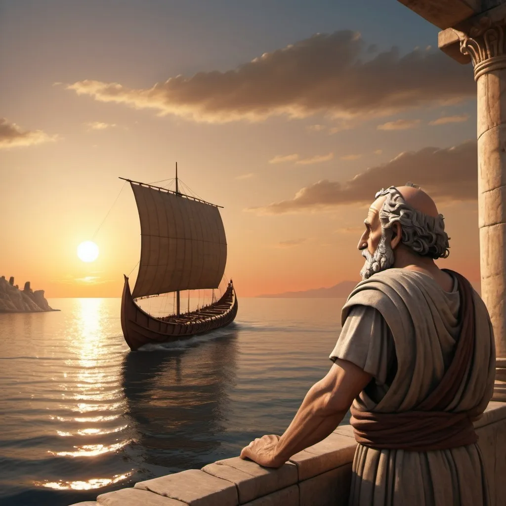 Prompt: Photorealistic image of an ancient philosopher watching a distant trireme sailing off into the sunset. 