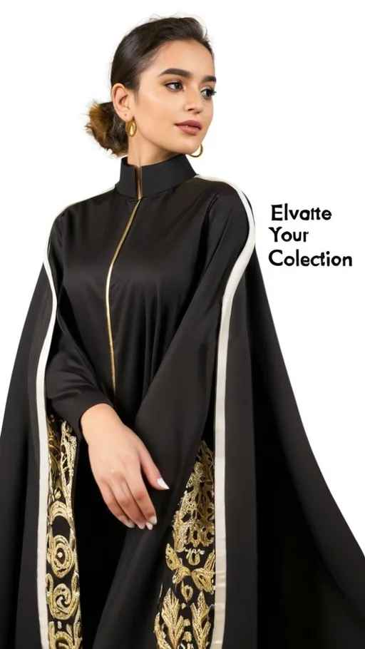 Prompt: a woman in a black dress with a gold embroidered cape on her shoulders and a white background with a text overlay that reads elevate your wardrobe with our collection, Ella Guru, hurufiyya, fashion, a digital rendering