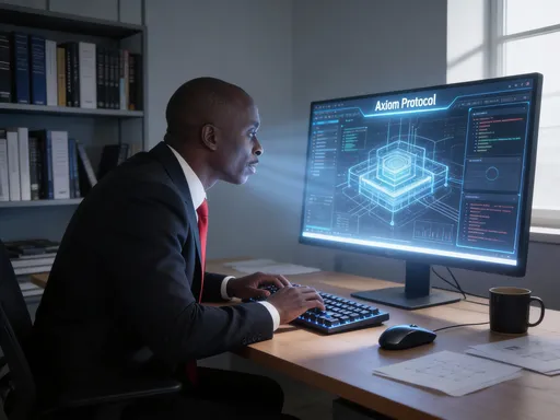 Prompt: @0X2I1sV7uNkhFfcrKdJO Is sitting at a computer on a desk designing Axiom Protocol