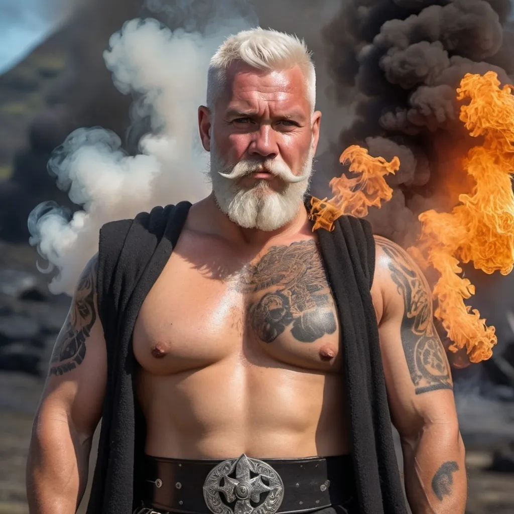 Prompt: Realistic Scottish man in a black kilt with white shorter hair and a medium trimmed beard and a Samoan tatau on his left bare chest and complete left arm holding a smoking automatic gun with heavy Bluesmoke and fiery embers in the background