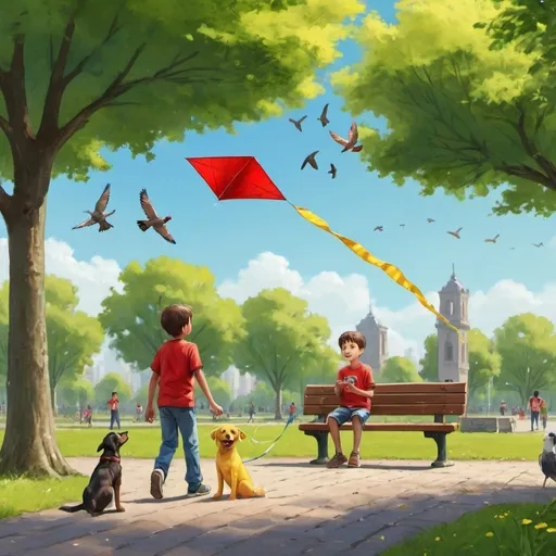Prompt: This is the picture of a large park. The boy in yellow t-shirt is flying a kite in the sky. The old man is walking with his dog. The boy in red color checked shirt is feeding the birds. A boy is sitting on the bench and enjoying himself. There are two children who are playing and having a lot of fun. There is a lot of greenery everywhere.
