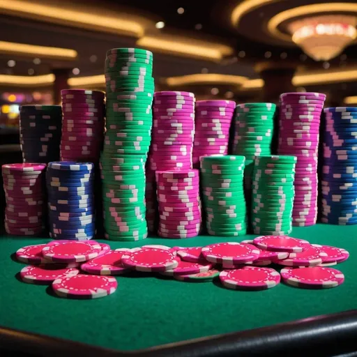 Prompt: 3 stacks of neon poker chips in a casino


