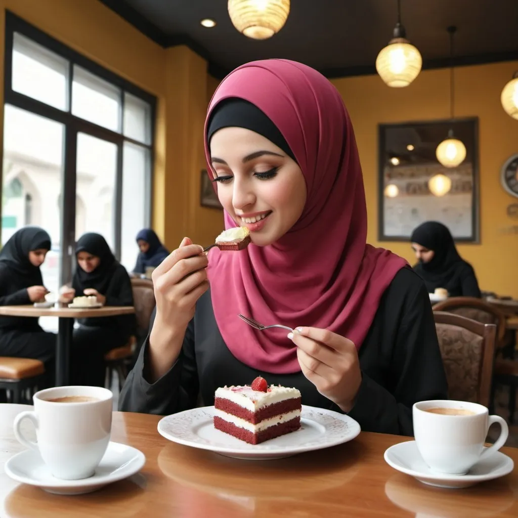 Prompt: Create a realistic image a muslimah 
eating cake in the cafe
