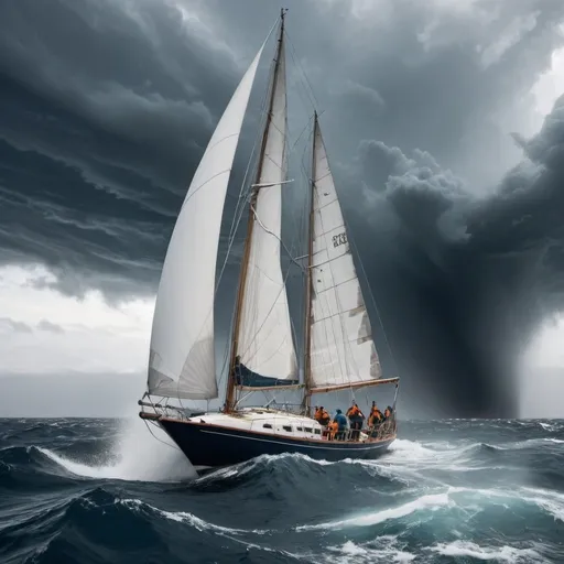 Prompt: Sailboat in storm in the middle of the ocean, with crew on deck changing the head sail with sharks