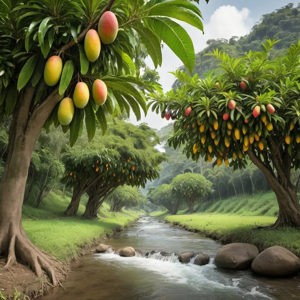 Prompt: Two mango trees with fruits, flying kukus, flowing stream