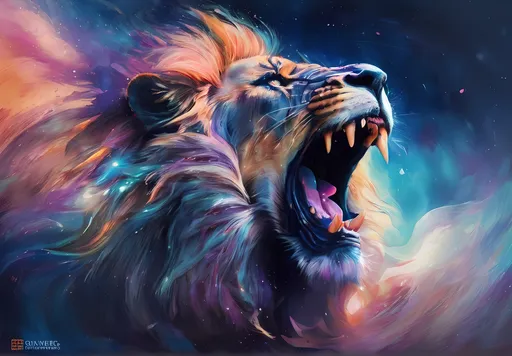 Prompt: Side View Drawing: The focal point is the lion's open mouth, poised for attack, with its sharp canines protruding menacingly.
Sparks swirling around the lion's open mouth shimmer with iridescence, casting dynamic light and shadow, adding to the sense of wonder and danger.

