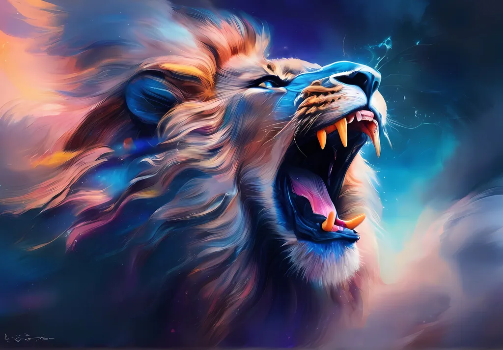 Prompt: Side View Drawing: The focal point is the lion's open mouth, poised for attack, with its sharp canines protruding menacingly.
Sparks swirling around the lion's open mouth shimmer with iridescence, casting dynamic light and shadow, adding to the sense of wonder and danger.

