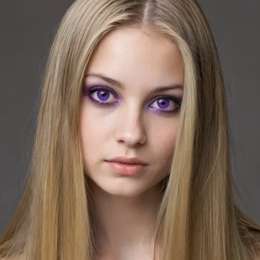 Prompt: A young woman with long, straight, dirty blonde hair parted down the middle and violet eyes.