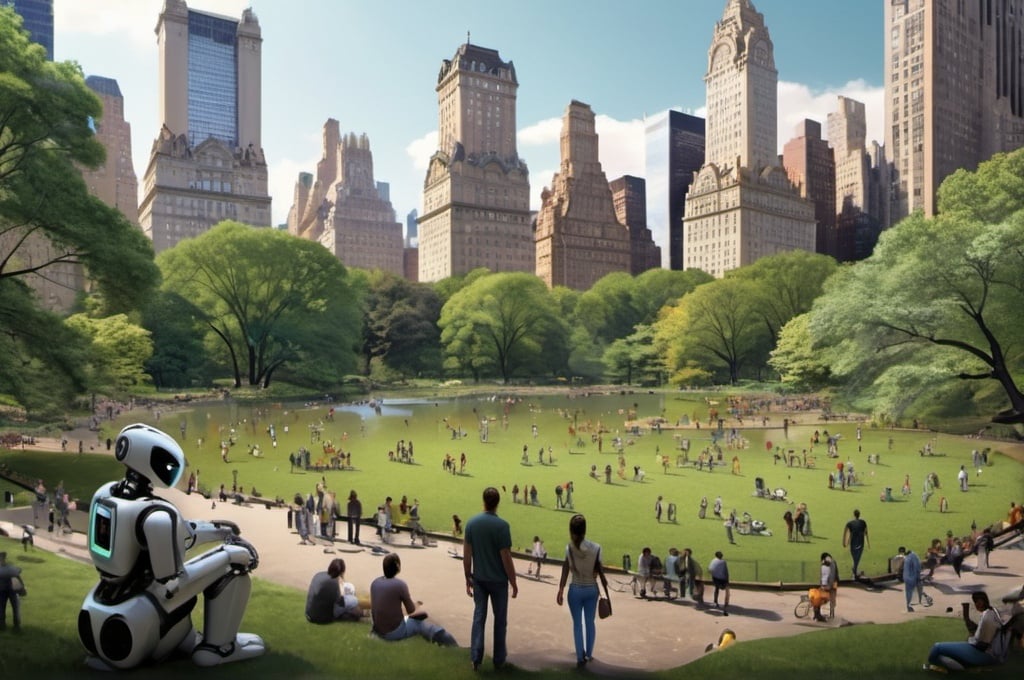 Prompt: Central Park in one million years. Advanced technology. Humans and Robots.