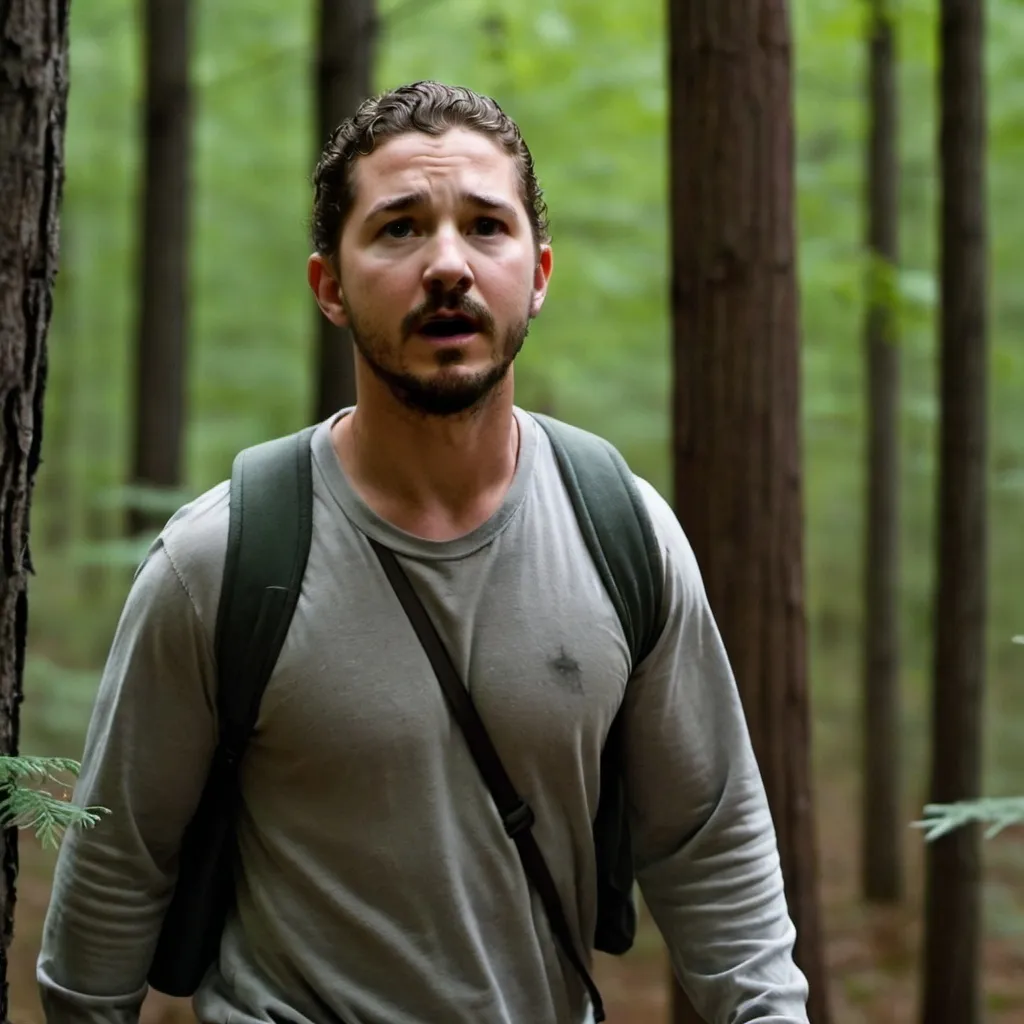 Prompt: Shia LaBeouf walking through the forest, lurking, creepily