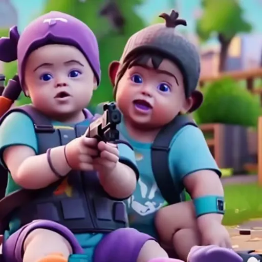 Prompt: babies with down syndrome playing fortnite
