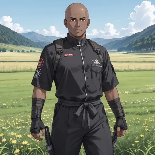 Prompt: 30 year old dark skinned bald male in a black ninja uniform standing in an open field 