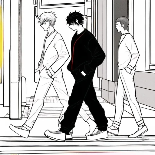 Prompt: Three men are walking on a dimly lit street corner in a large city. one man is wearing an all blue jump suit and white shoes, one man is wearing a red shirt with a logo of the letter A, and black jeans, the last man has a black shirt with black shorts on. they look angry. side view.