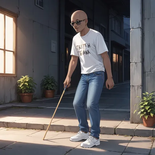 Prompt: 99 year old dark skinned bald man wearing a plain white t-shirt and blue jeans with white shoes.he has black shades on and is holding a cane as a weapon