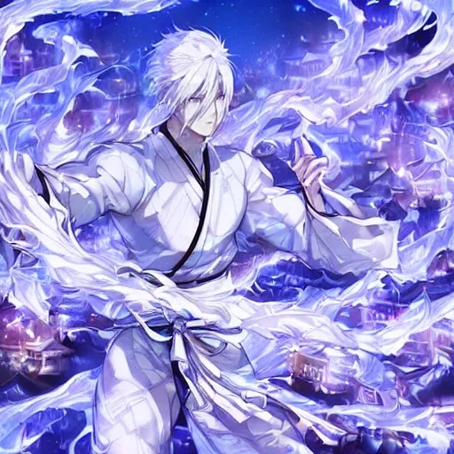 Prompt: 30 year old Asian male with white hair wearing a white ninja uniform, he stands on a ledge overlooking floating town