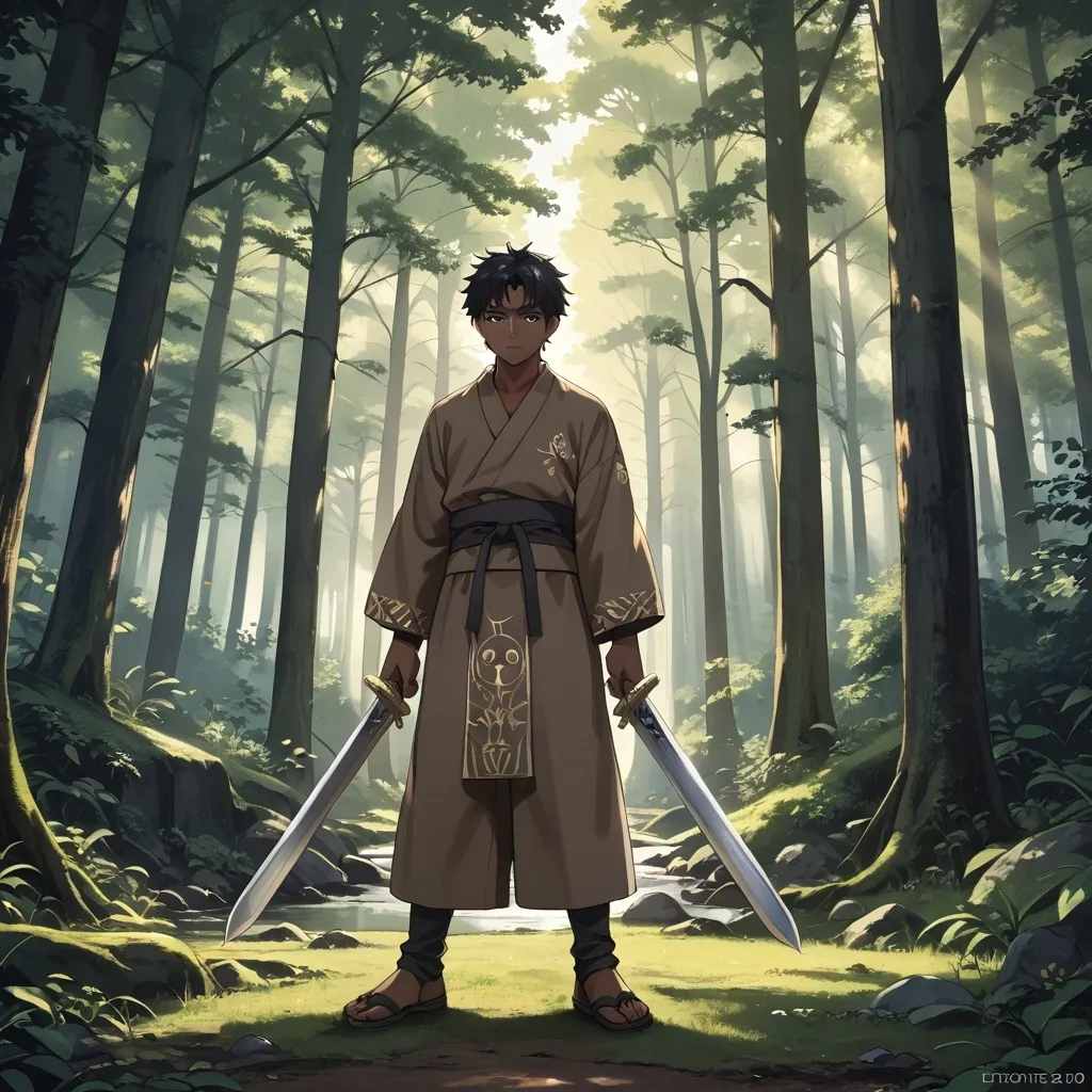 Prompt: a 25 year old dark skinned 250 pound samurai man. messy black hair. holding two swords. 1 big sword on his back. swords stuck in the ground, a sword stuck in a tree. wearing a brown robes. 