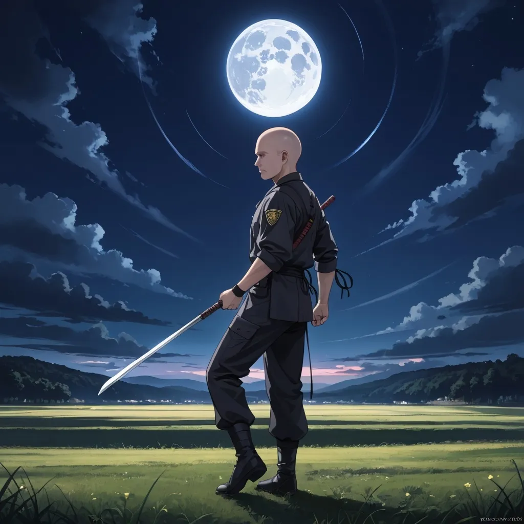 Prompt: 30 year old dark skinned bald male in a black ninja uniform standing in an open field at night time. he's holding a white wooden weapon kicking at the full moon. Dark outside. shadows. full moon. side view.