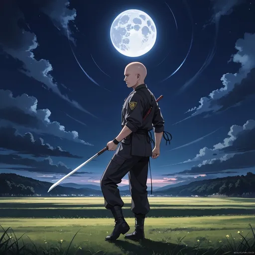 Prompt: 30 year old dark skinned bald male in a black ninja uniform standing in an open field at night time. he's holding a white wooden weapon kicking at the full moon. Dark outside. shadows. full moon. side view.