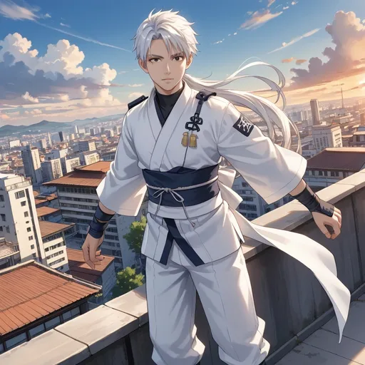 Prompt: 30 year old Asian male with white hair wearing a white ninja uniform, he stands on a ledge overlooking a city that is floating in the sky