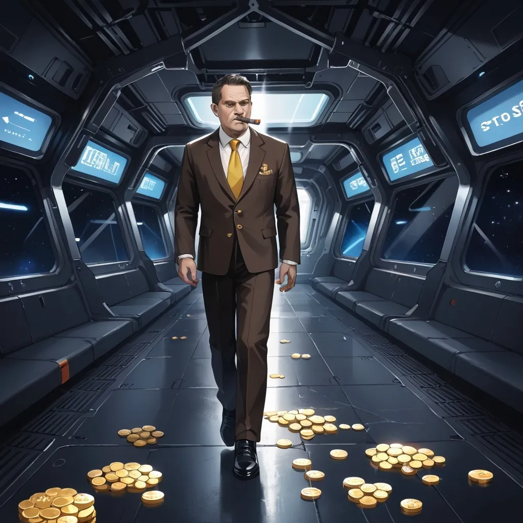 Prompt: 40 year old man.wearing a brown suit. brown slick hair. black dress shoes. smoking 1 cigar. tossing a gold coin in the air. gold tie. walking inside of a space station. angry face. 